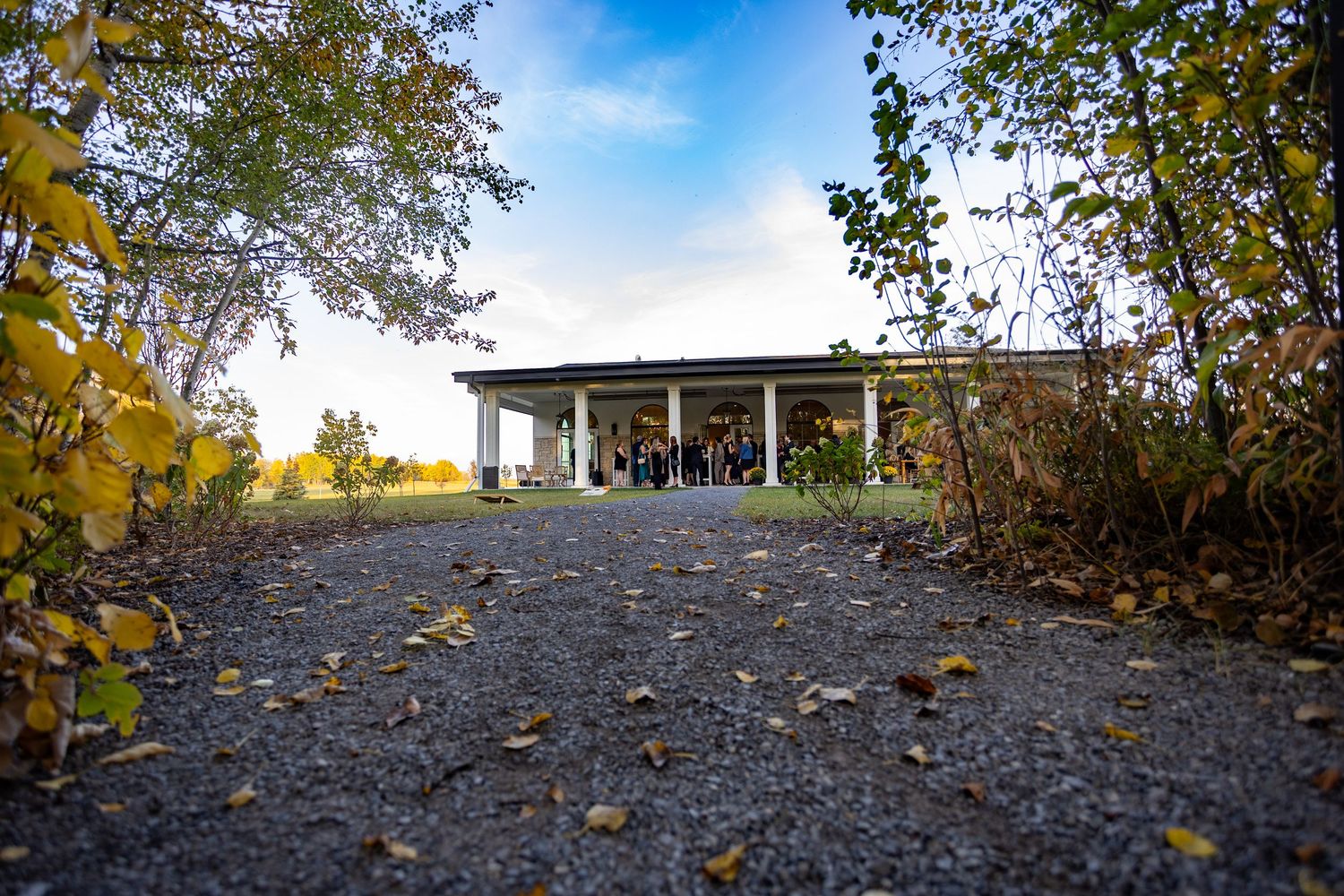 Gravel path leading to a modern pavilion surrounded by autumn trees under a clear blue sky.