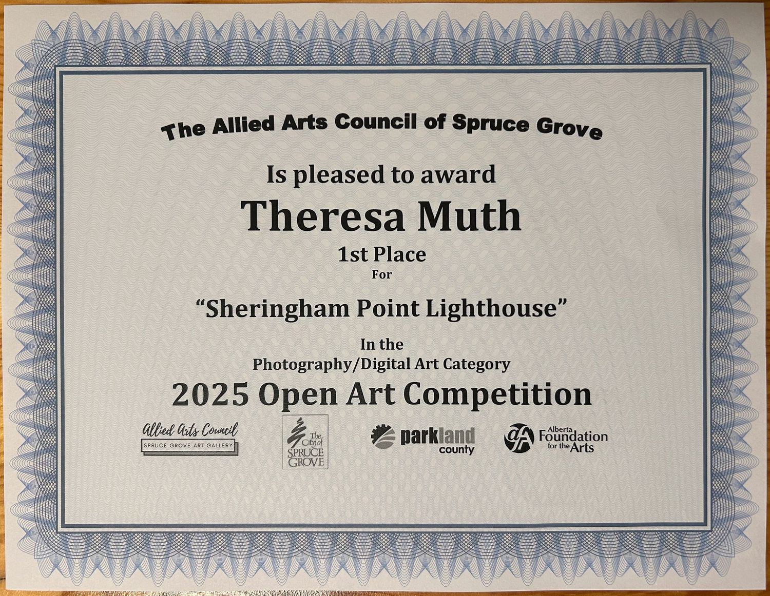Certificate awarding Theresa Muth 1st Place for Sheringham Point Lighthouse at the 2025 Open Art Competition.