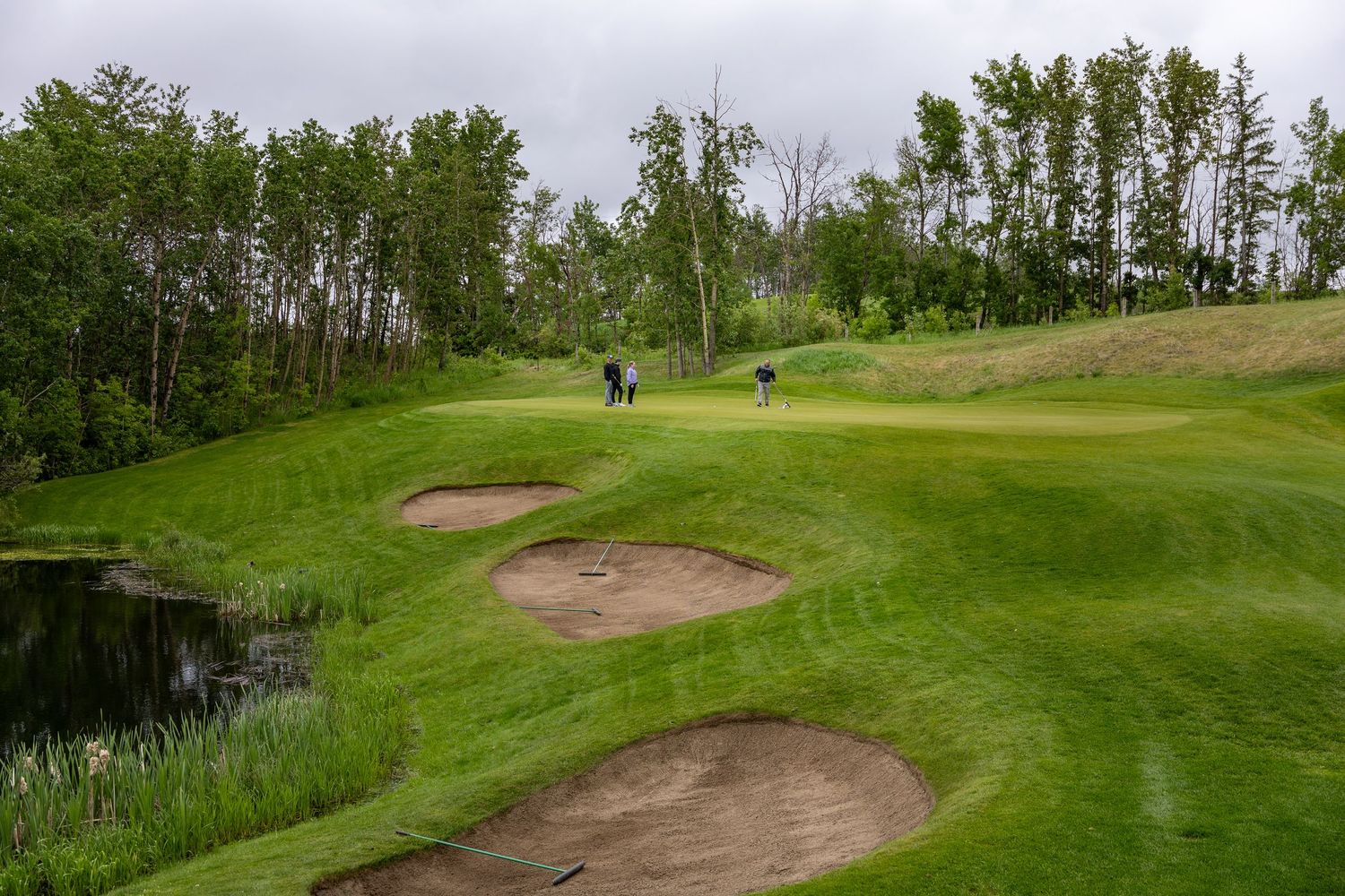 Golfers on a lush green golf course with sand bunkers, a pond, and dense trees under an overcast sky.