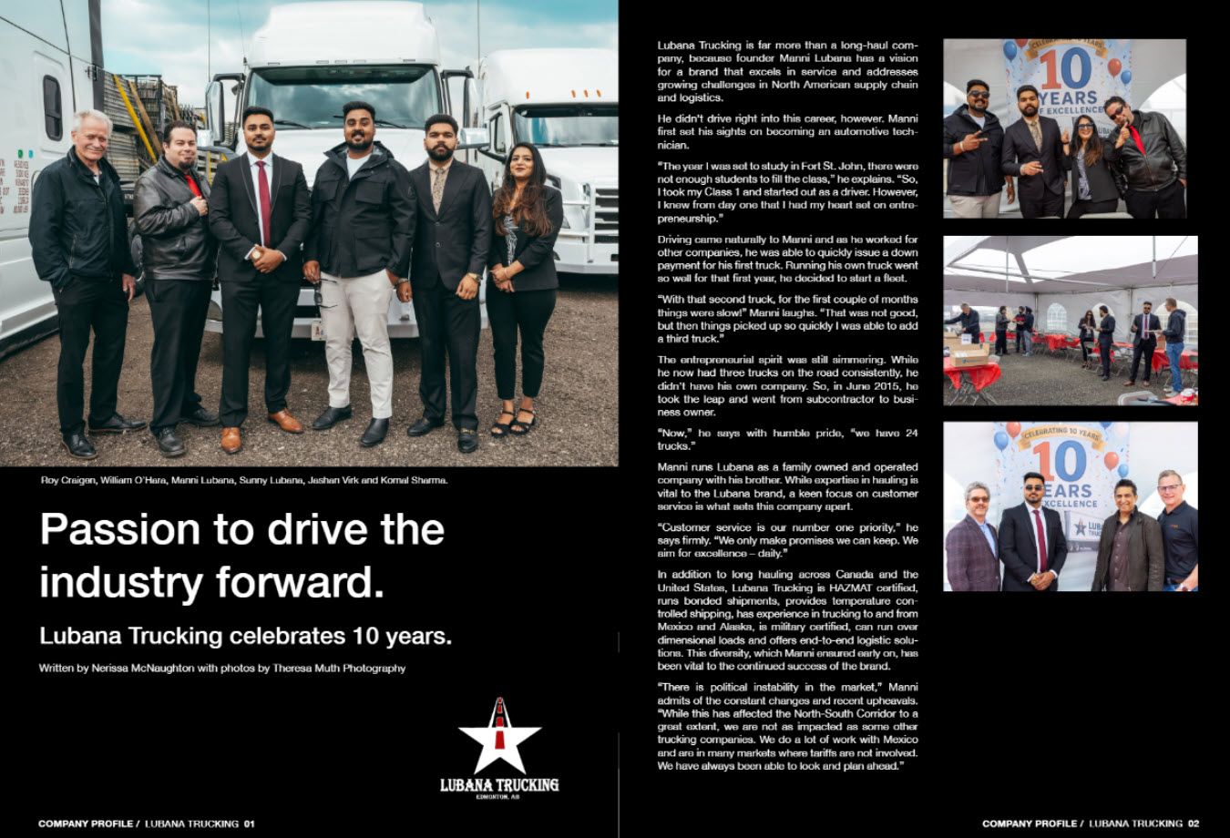 Magazine feature celebrating Lubans Trucking 10th anniversary with staff group photo and company logo.