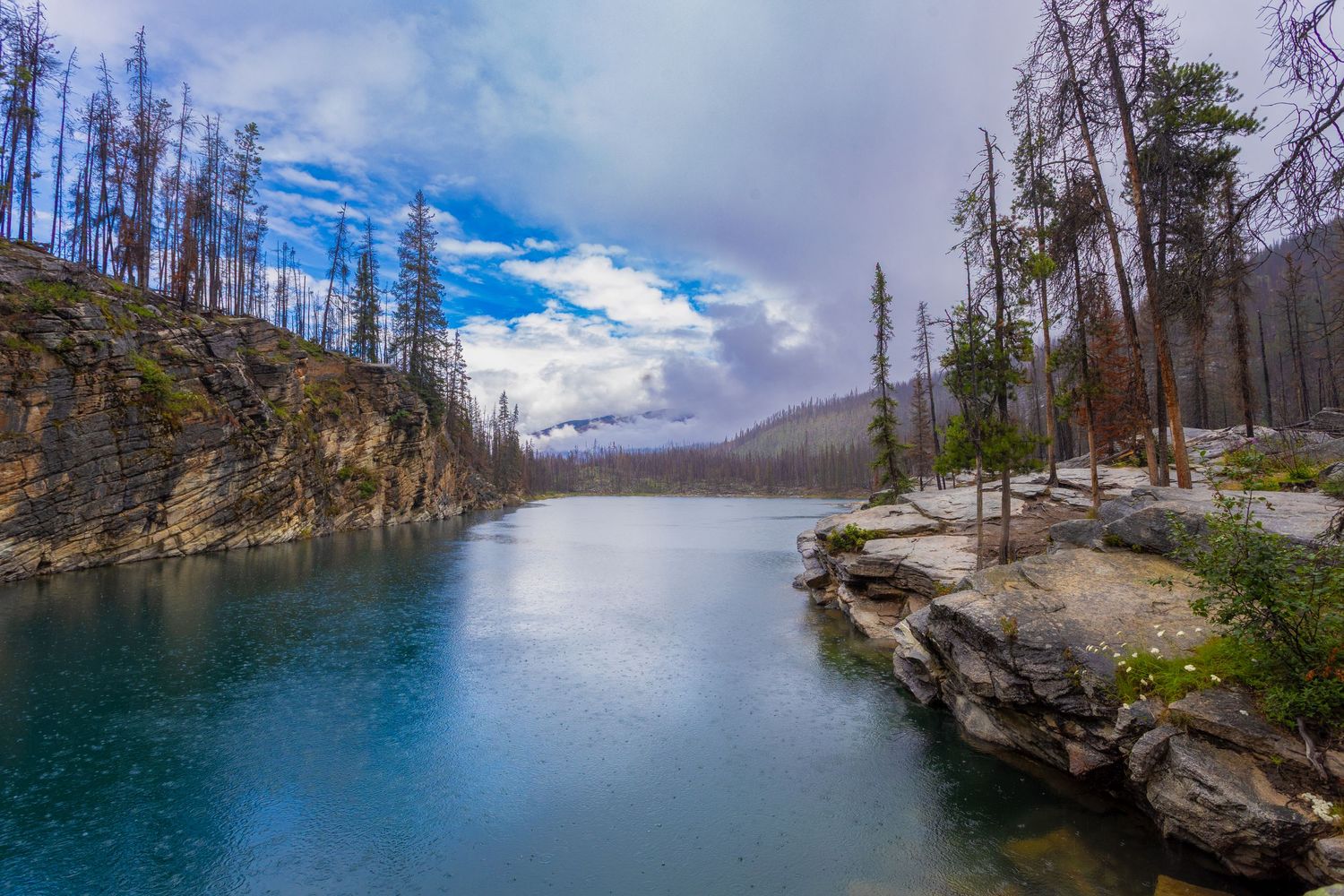 Turquoise glacial river flowing through rocky canyon with fire-damaged trees under dramatic cloudy sky.