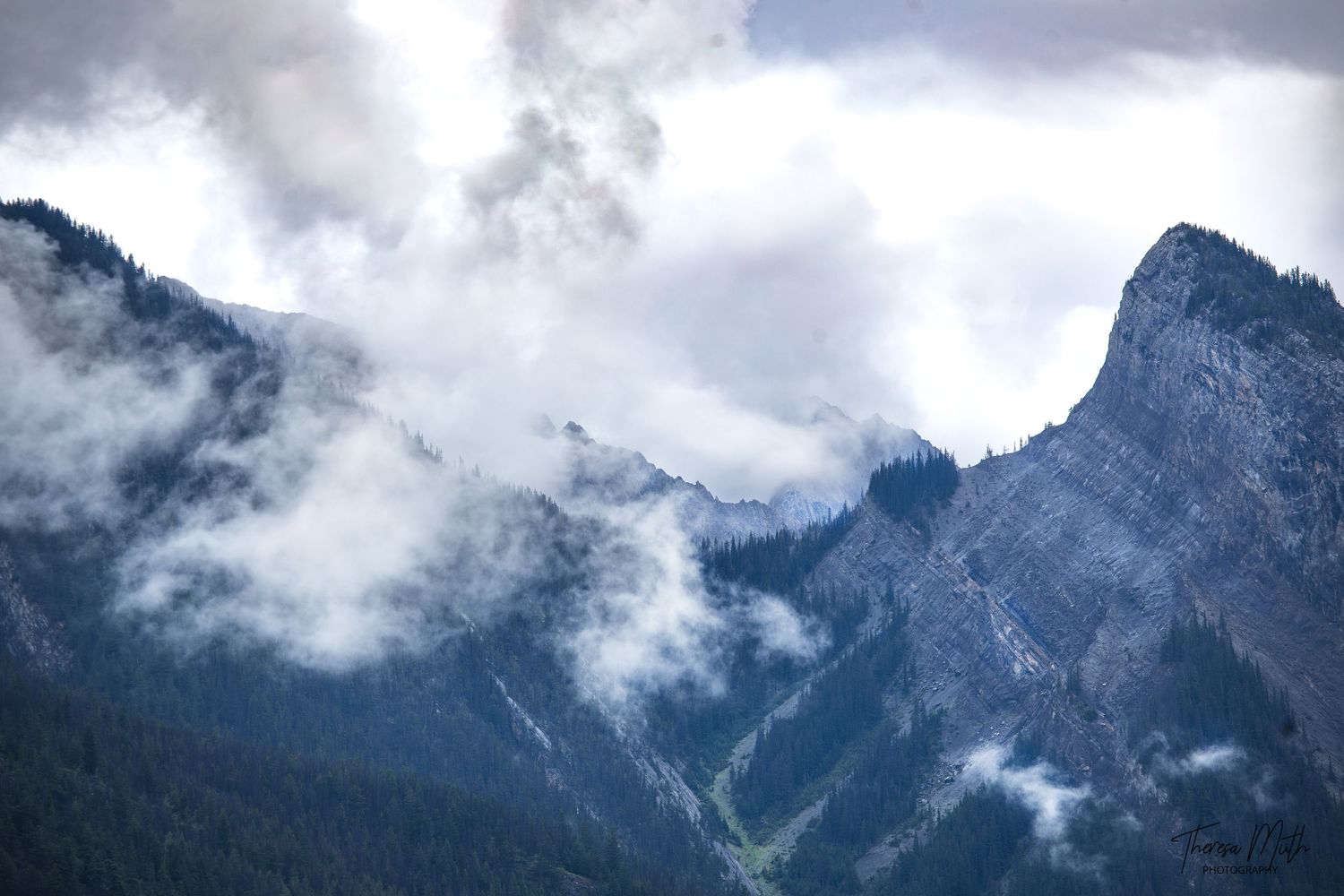 Misty mountain valley with forested slopes and rocky peaks partially hidden by dramatic storm clouds.