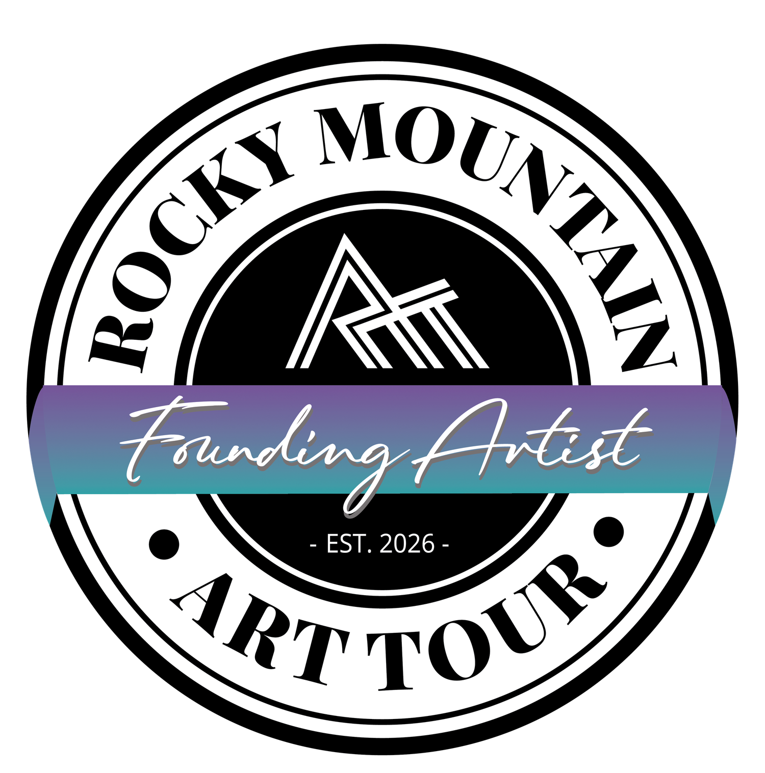 Rocky Mountain Art Tour Founding Artist circular stamp logo with mountain icon, established 2026, featuring black and purple design.
