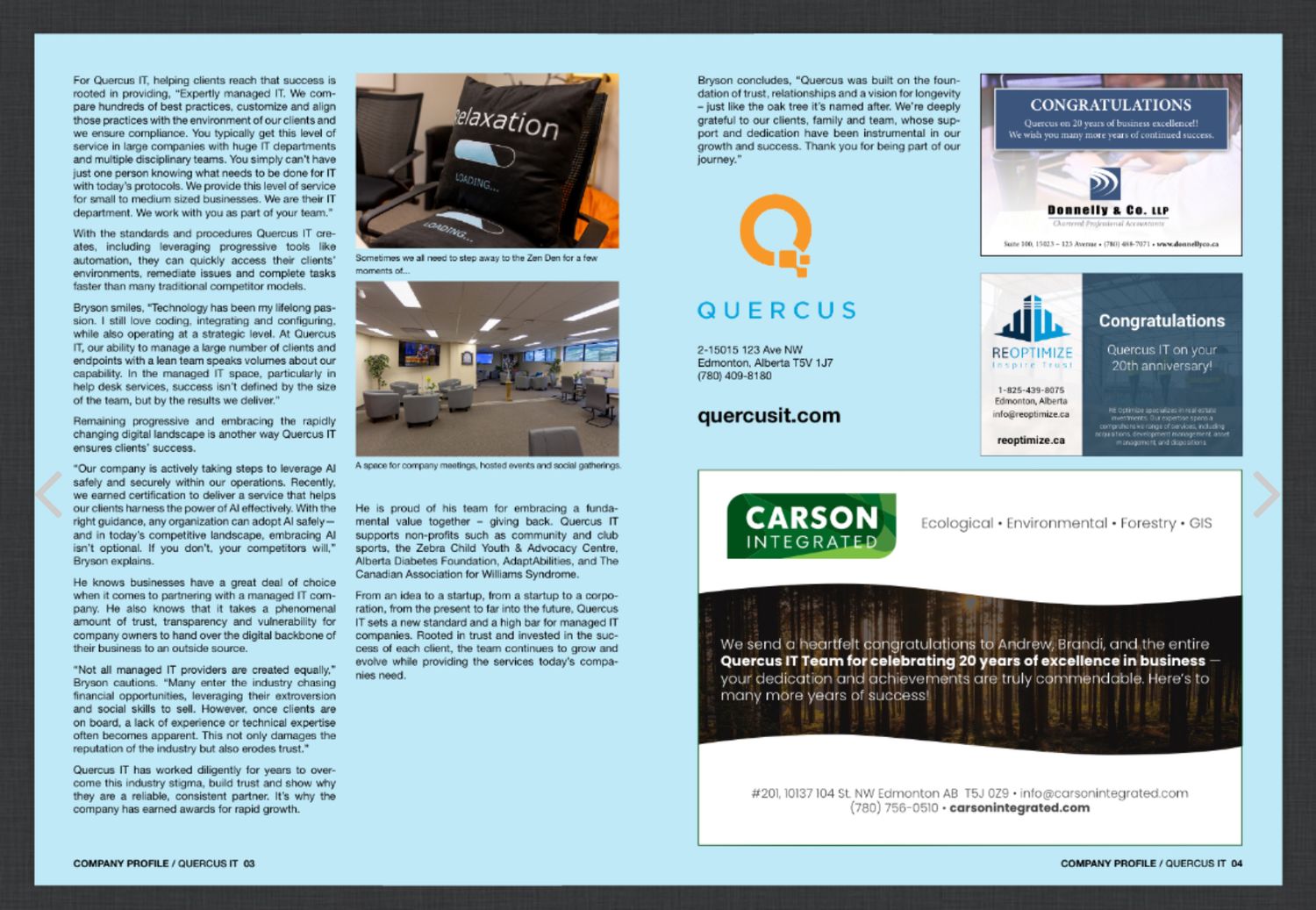 Quercus IT company profile page featuring office interior photos and congratulatory advertisements from partners.