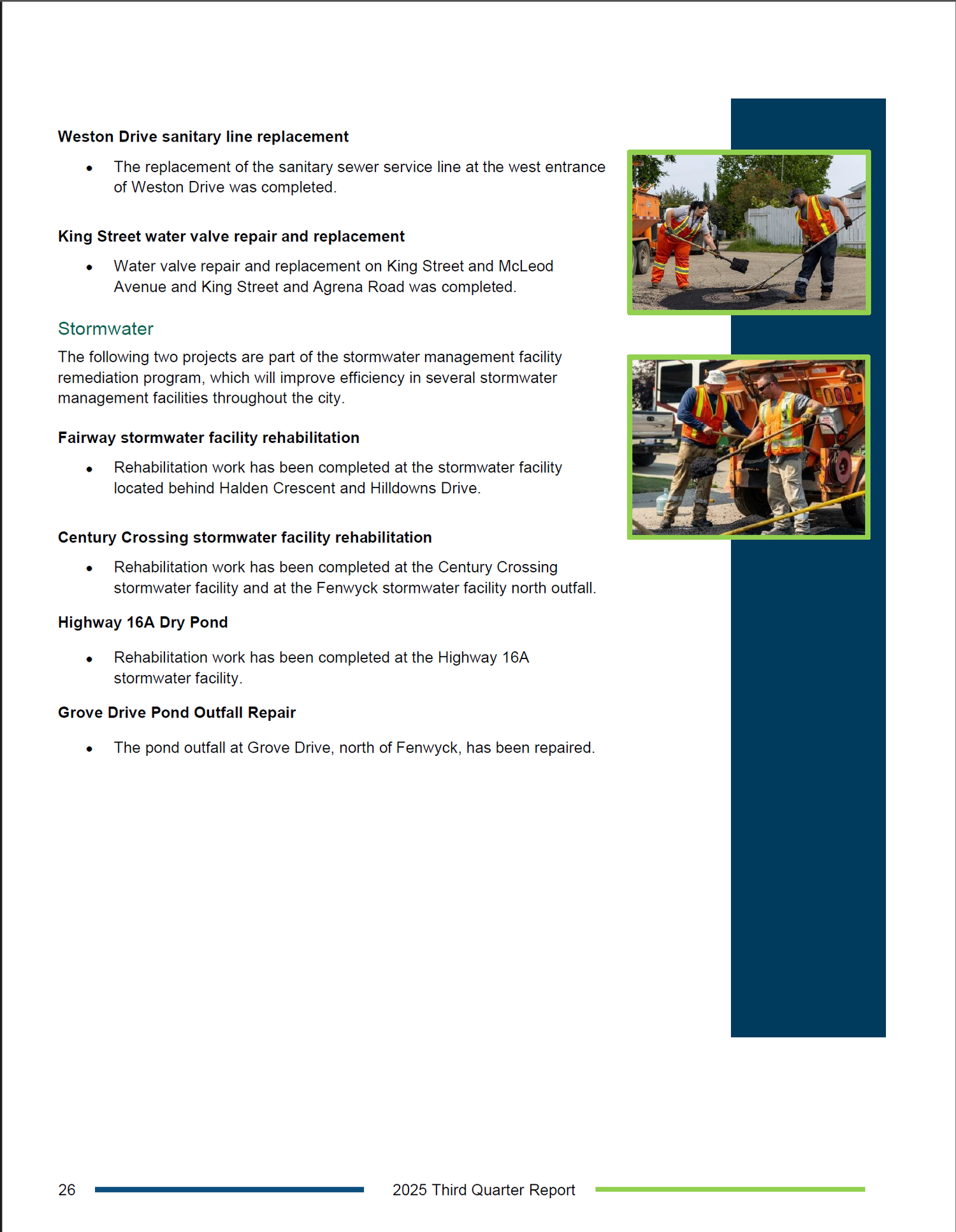 City infrastructure workers perform water valve repair and stormwater facility rehabilitation projects on urban streets.