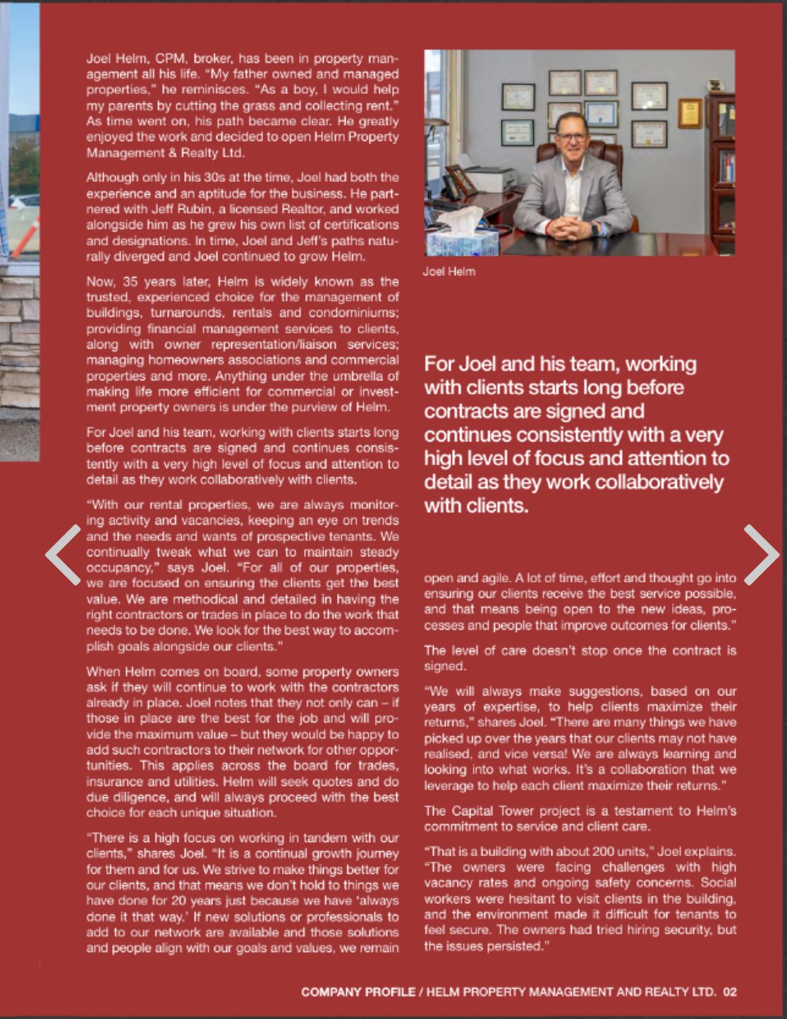 Helm Property Management company profile article featuring Joel Helm and team collaborative services.