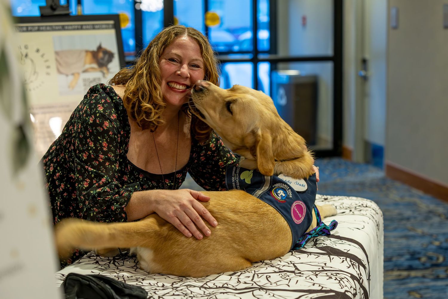 Smiling woman being affectionately licked by a golden Labrador therapy dog wearing a blue vest indoors.