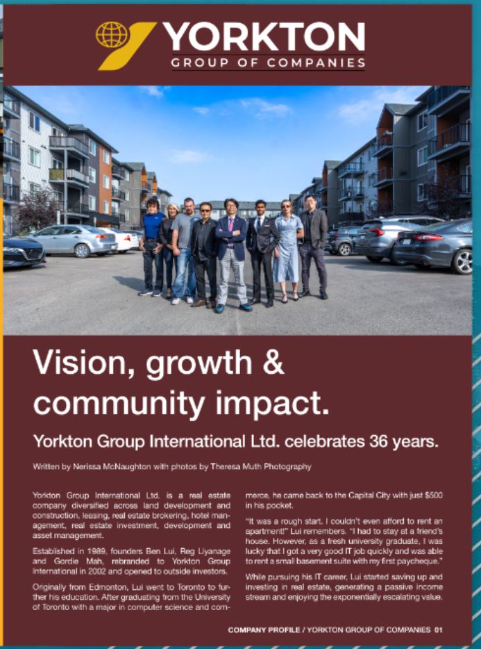Yorkton Group of Companies team stands together outside a modern building celebrating 36 years of vision and growth.