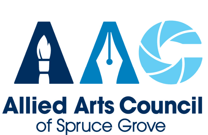 Allied Arts Council of Spruce Grove logo featuring a paintbrush, pen nib, and camera aperture icon in blue tones.