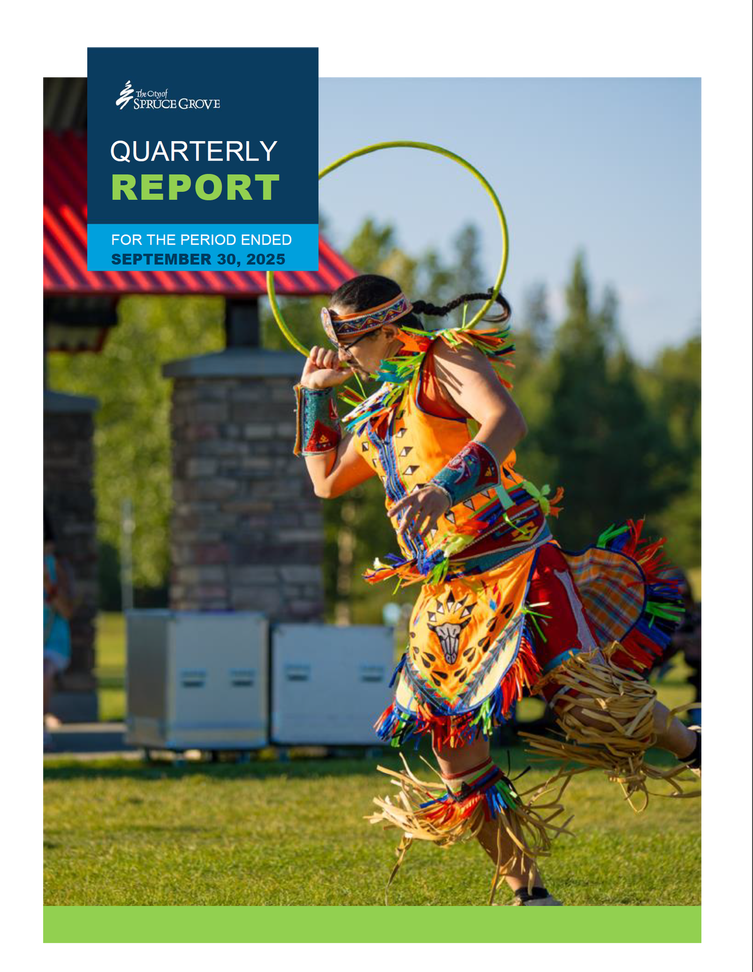 Indigenous hoop dancer in traditional orange regalia performs at Spruce Grove City quarterly report cover for September 2025.
