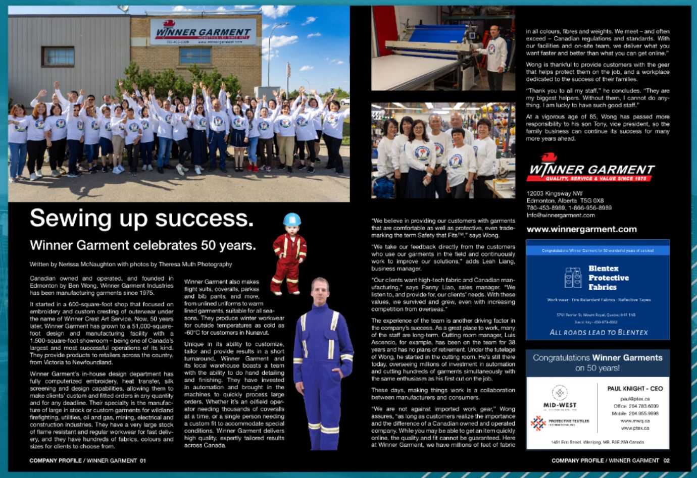 Winner Garment celebrates 50 years of success with a large group of employees posing outside their facility.
