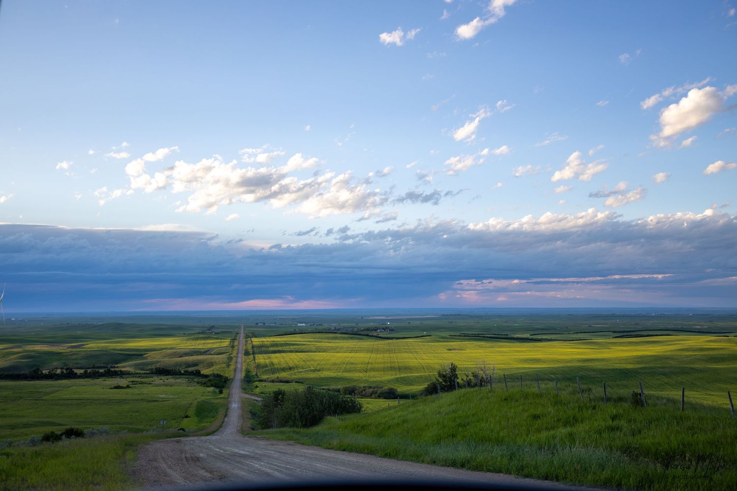 Aerial view of a straight dirt road cutting through vast green prairies and yellow canola fields under a dramatic blue sky.