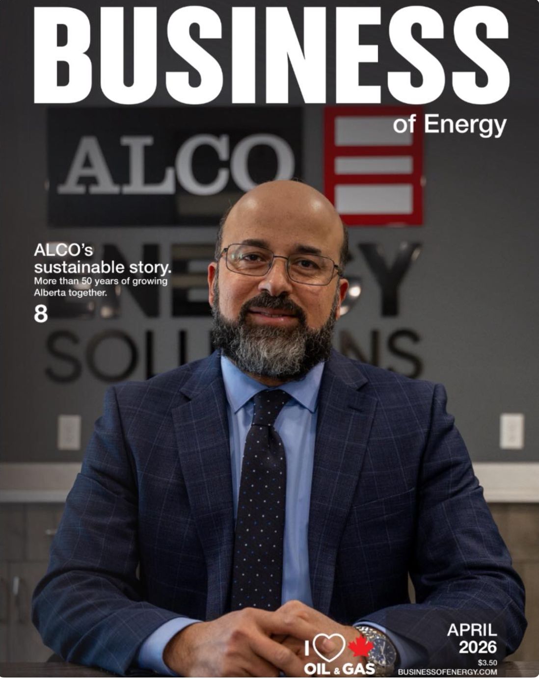 Business of Energy magazine April 2026 cover featuring ALCO sustainable story and executive.