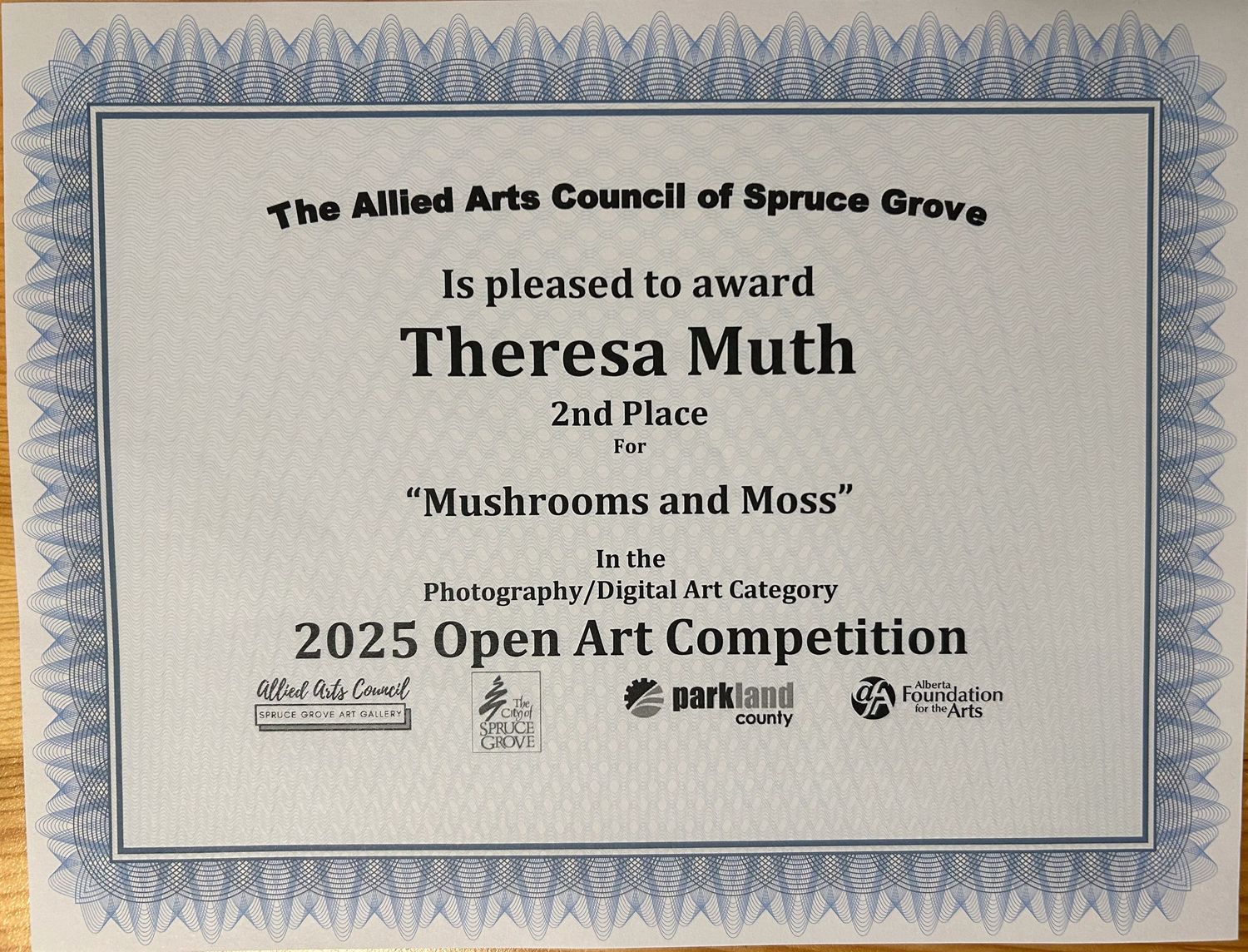 Certificate from Allied Arts Council of Spruce Grove awarding Theresa Muth 2nd Place for Mushrooms and Moss 2025.