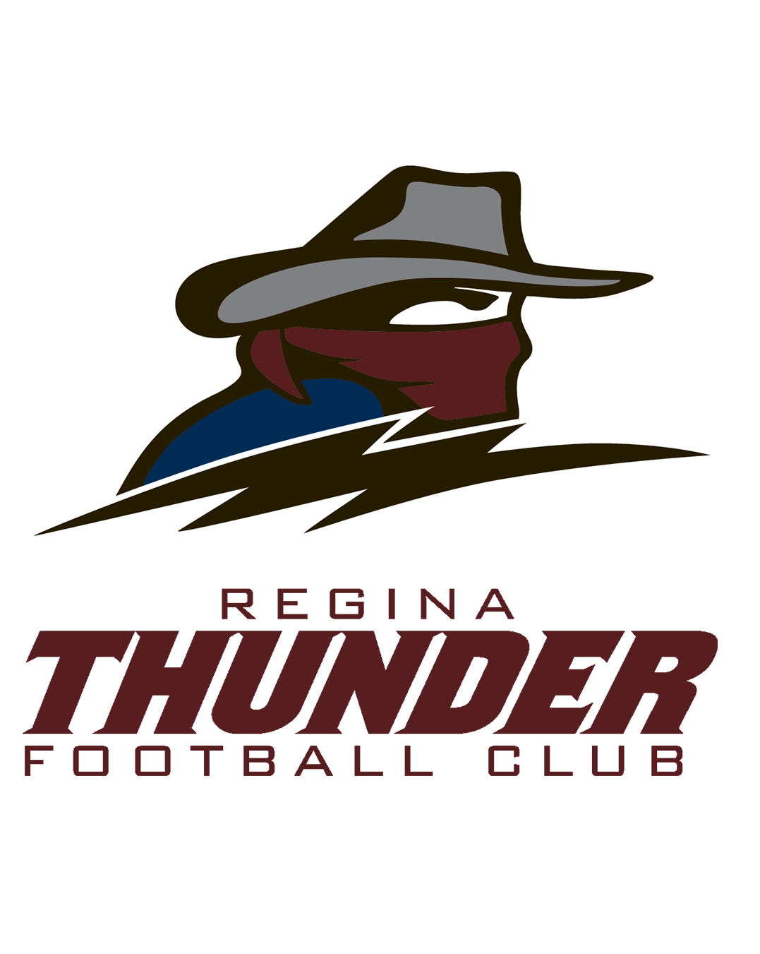 Regina Thunder Football Club logo featuring a masked outlaw in a gray hat with a lightning bolt and maroon text.