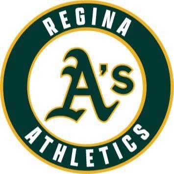 Regina Athletics baseball team logo featuring a green and gold circular badge with a stylized A's emblem.