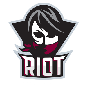 Riot esports team logo featuring a masked female character with dark hair and a red scarf on a black shield.