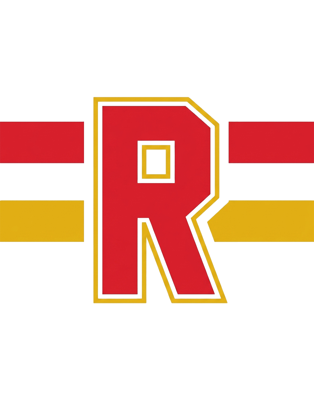 Bold red letter R logo with gold and red horizontal stripes on white background, sports team branding design.