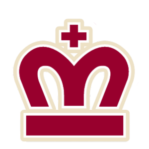 Crimson and cream crown logo with cross emblem, representing royalty and academic excellence.