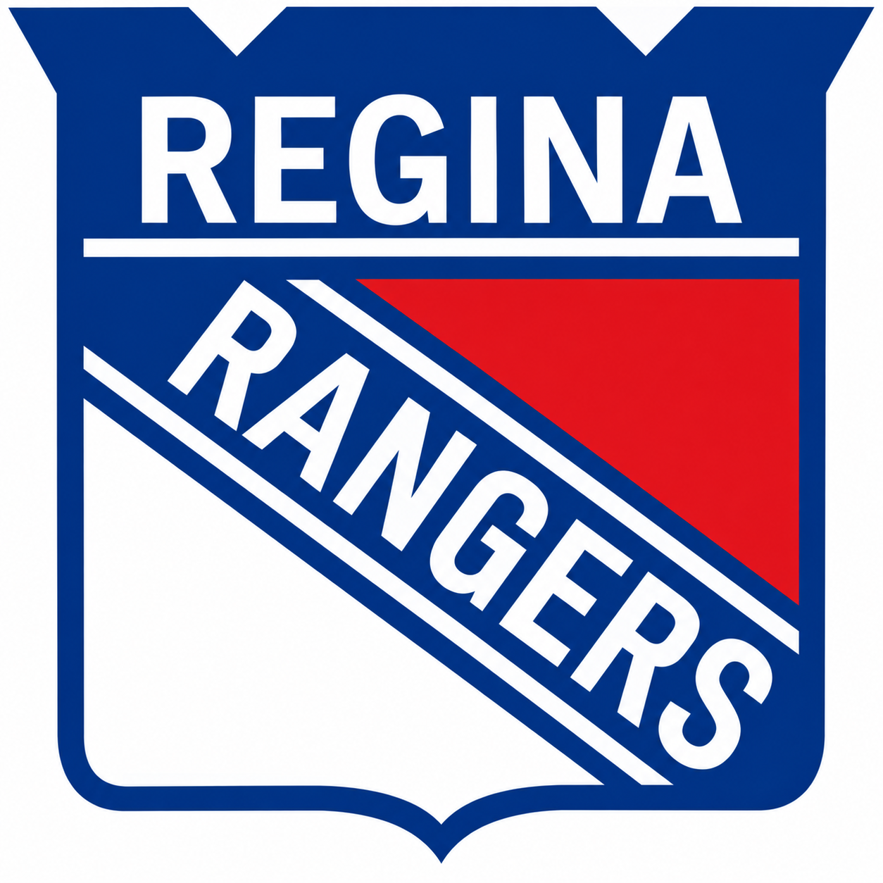 Regina Rangers hockey team logo featuring a blue shield with red diagonal stripe and bold white text.