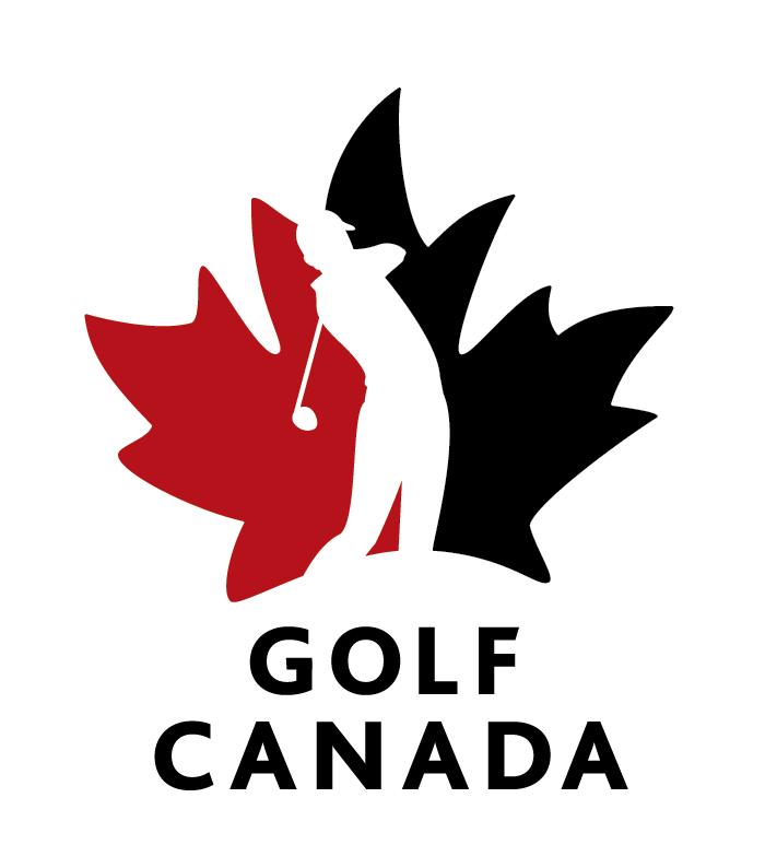 Golf Canada logo featuring a golfer silhouette over a red and black maple leaf design with bold text below.