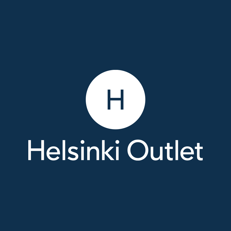 White Helsinki Outlet text logo on dark blue background.