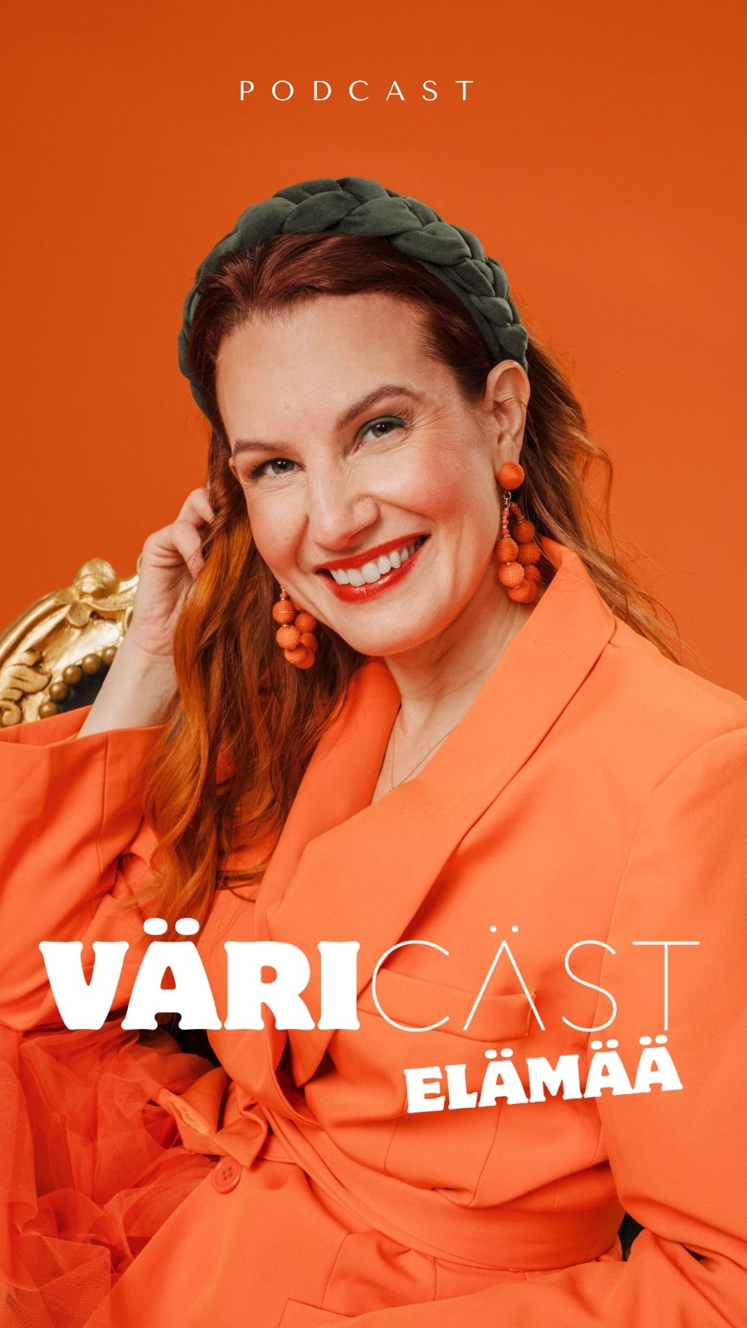 A series of podcast promotional images in bright orange featuring someone in a matching orange outfit making expressive poses.