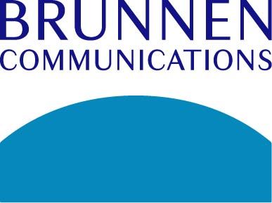 A blue and white corporate logo for Brunnen Communications with a curved wave design element.