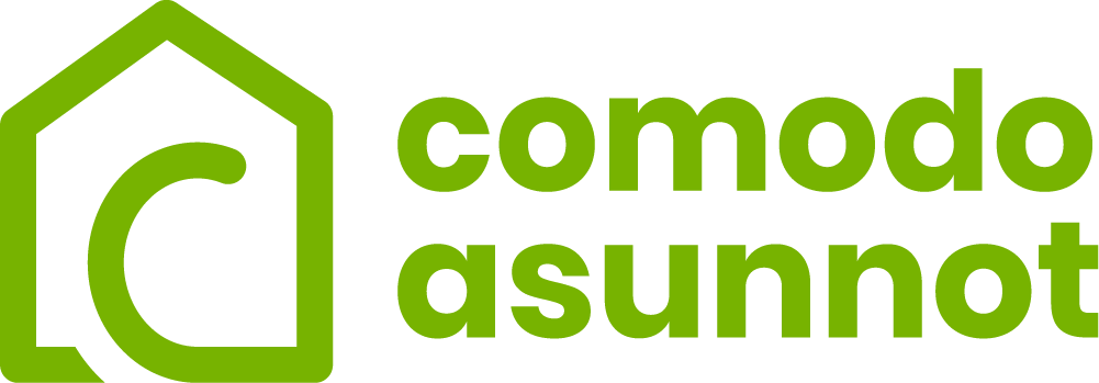 Comodo Asunnot green logo featuring a house icon with a C shape and bold green text on white background.