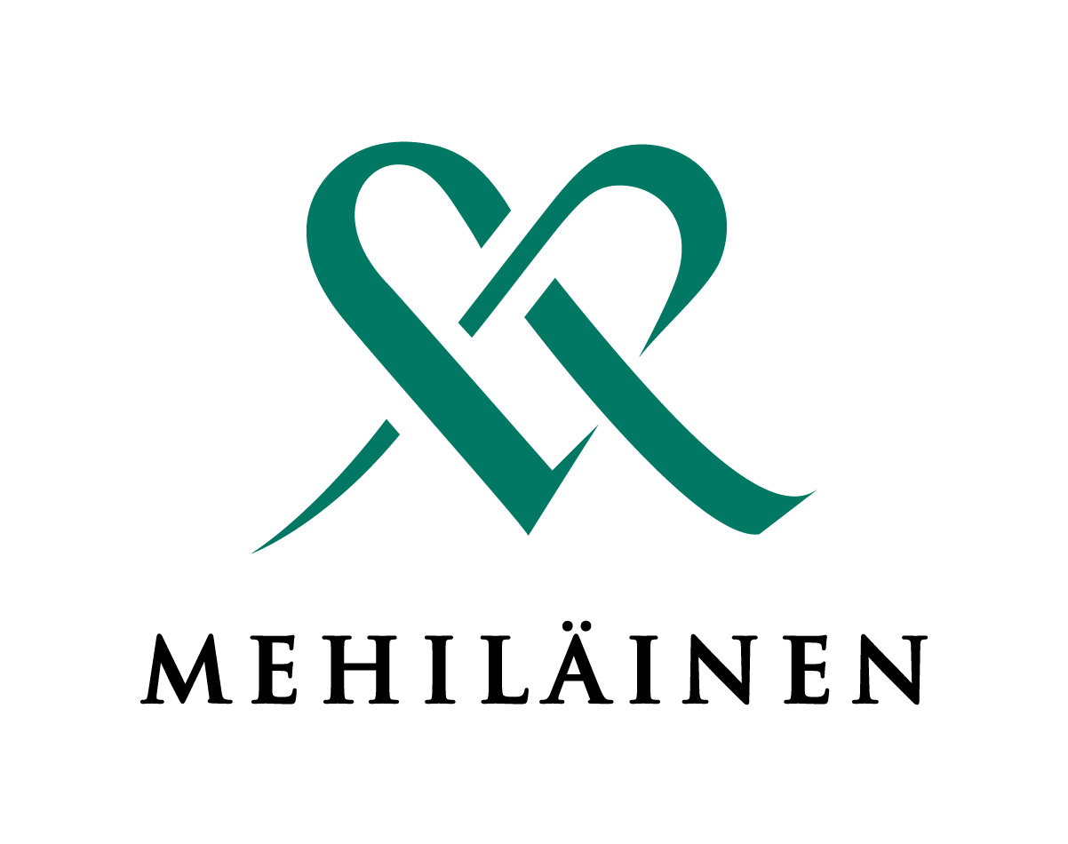 A green and white logo for Mehilainen healthcare company with stylized heart and cross symbols.