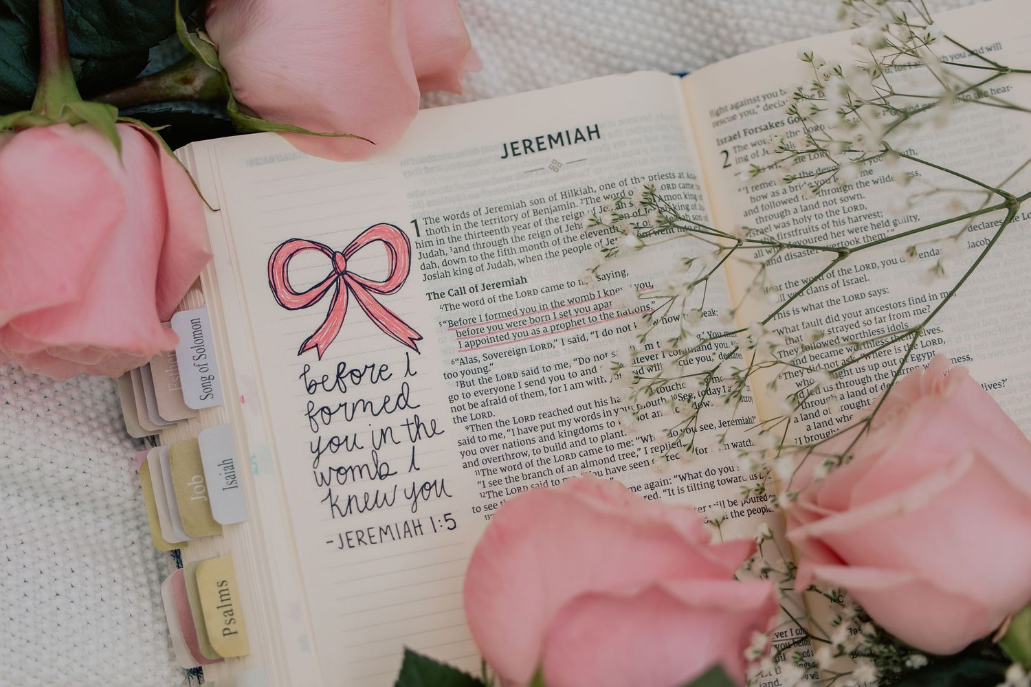 Open Bible showing Jeremiah 1:5 verse with a hand-drawn bow illustration surrounded by pink roses.