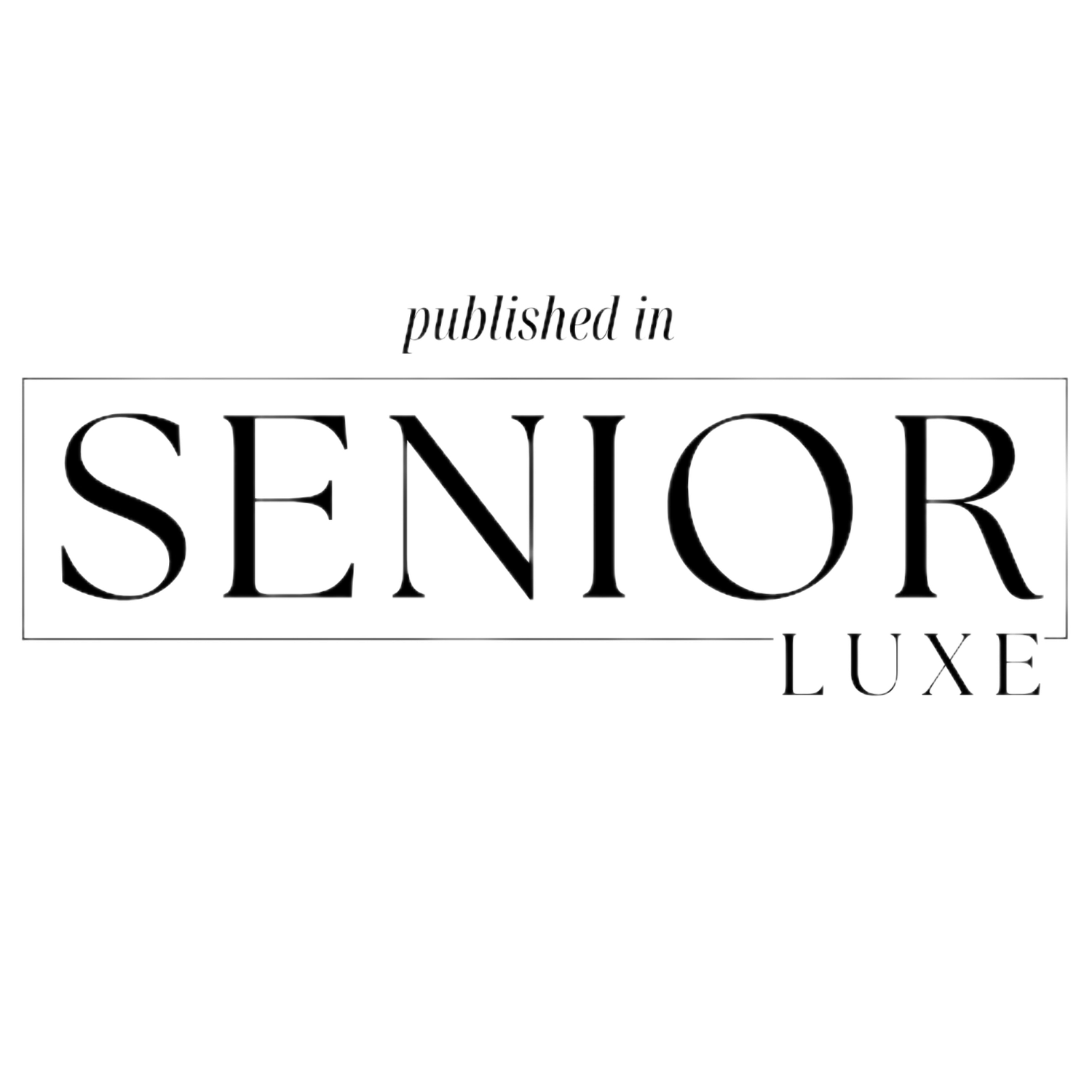 Text logo in black and white shows 'SENIOR LUXE' with minimalist design and clean typography on white background.
