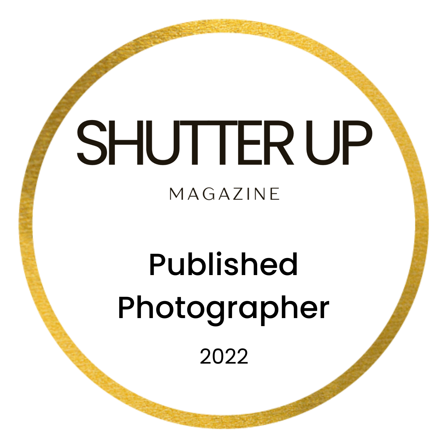 Five golden circular badges and ribbons from Shutterup Magazine displayed in a horizontal row for photographer recognition.