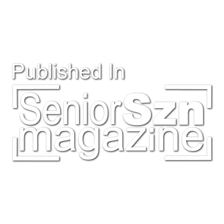 Magazine header text 'Published In' and 'SeniorS-2n' with faded text overlay in gray and white layout design.