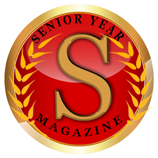 Senior Year Magazine logo featuring a gold letter S on a red medallion with wheat stalks and gold border.