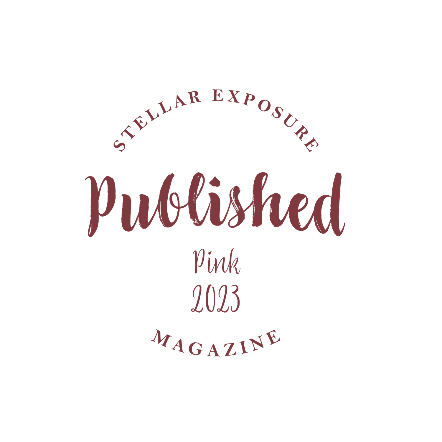 Stellar Exposure Magazine Published Pink 2023 circular badge logo in dark red serif font.