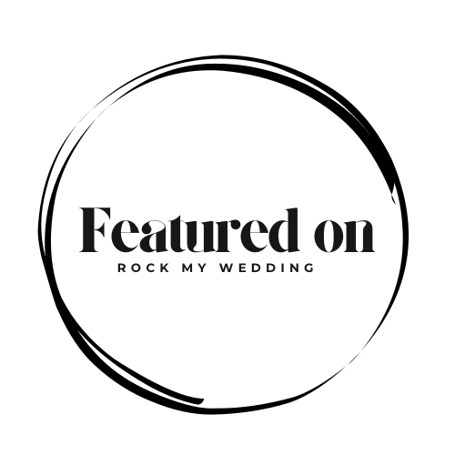 Black and white circular logo for Rock My Wedding with stylized text.