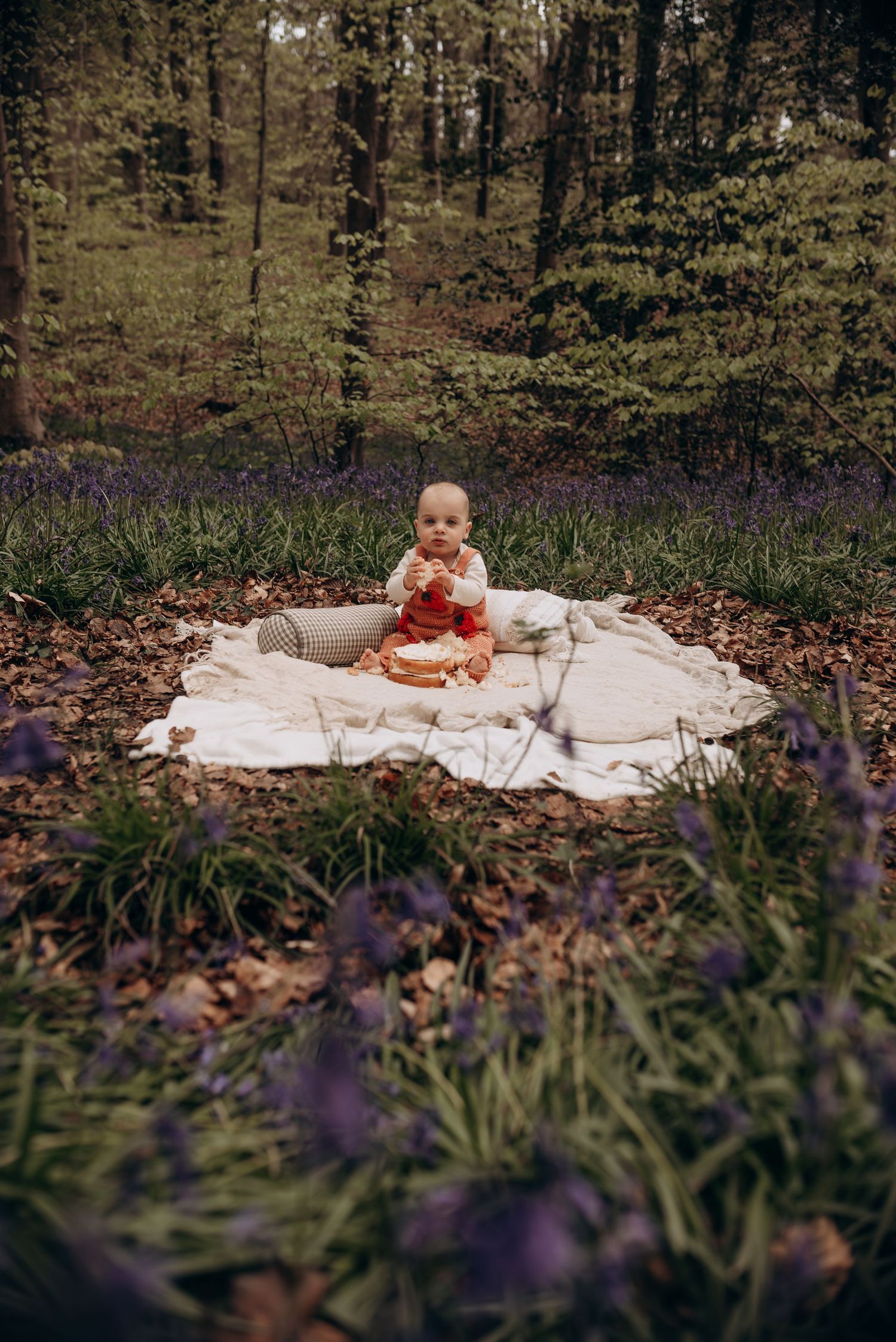 Baby's cake smash photo session setup in woodland setting with purple wildflowers.