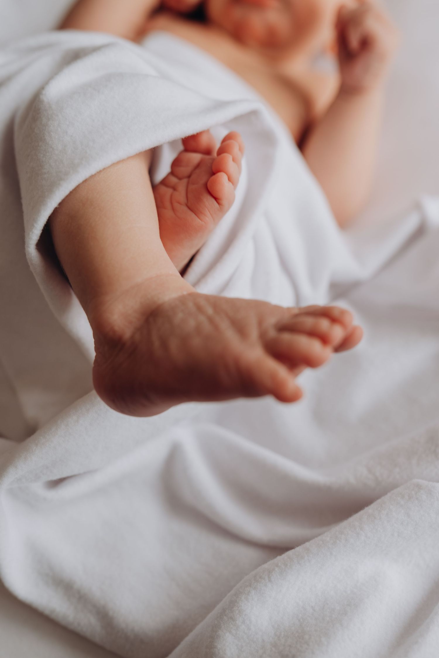 Close-up of tiny newborn feet wrapped in soft white fabric.