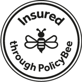 Circular badge with bee icon and text reading 'Insured through PolicyBee'.