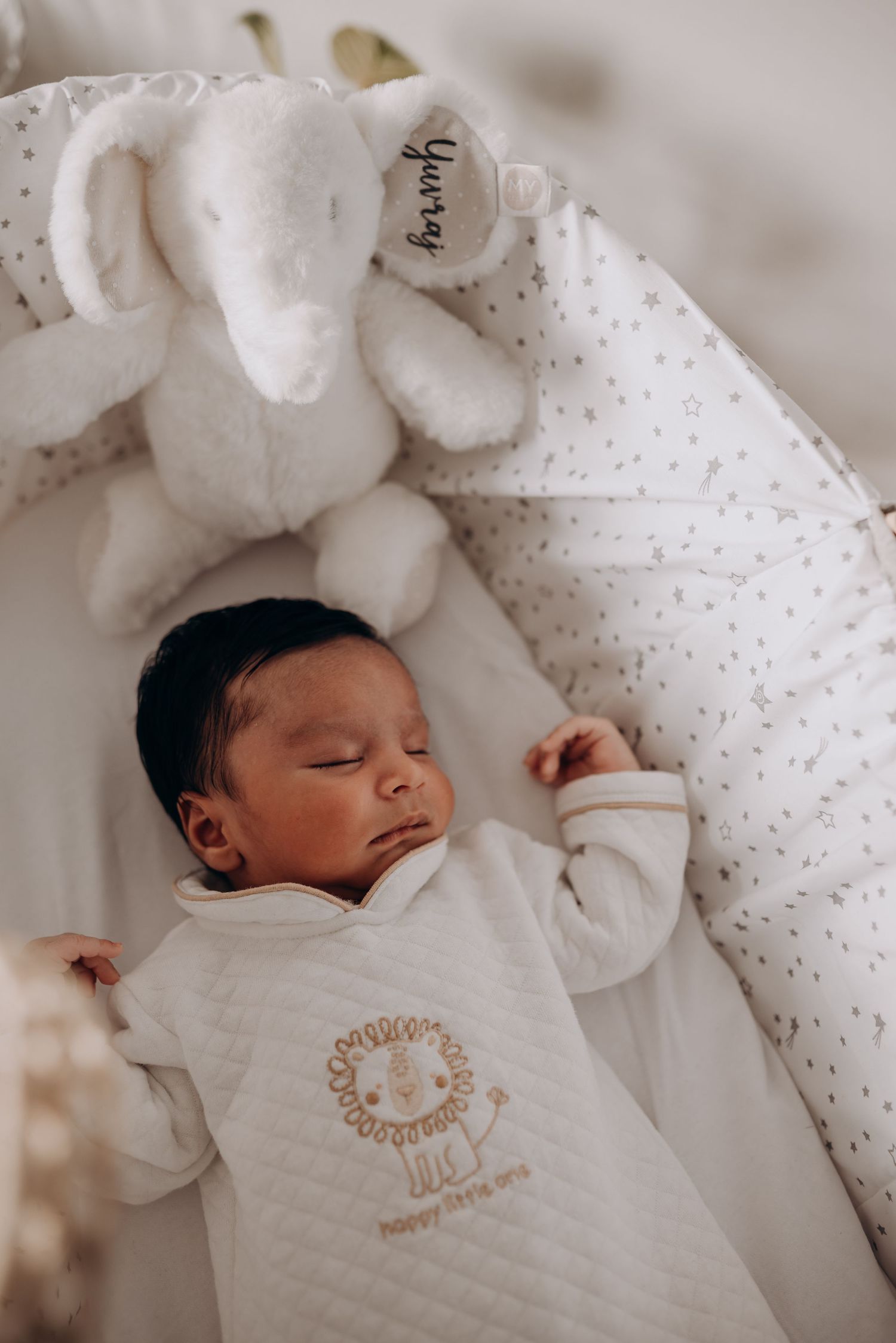 Sleeping newborn in white onesie with plush elephant toy on polka dot bedding.