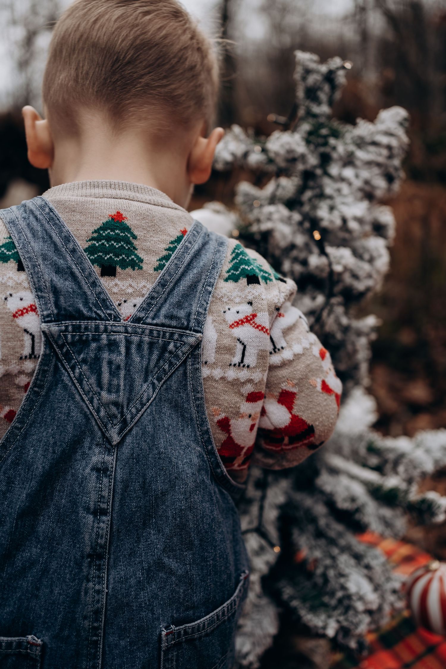 A child wearing denim overalls and holiday socks stands near a snowy Christmas tree in a moody winter setting.