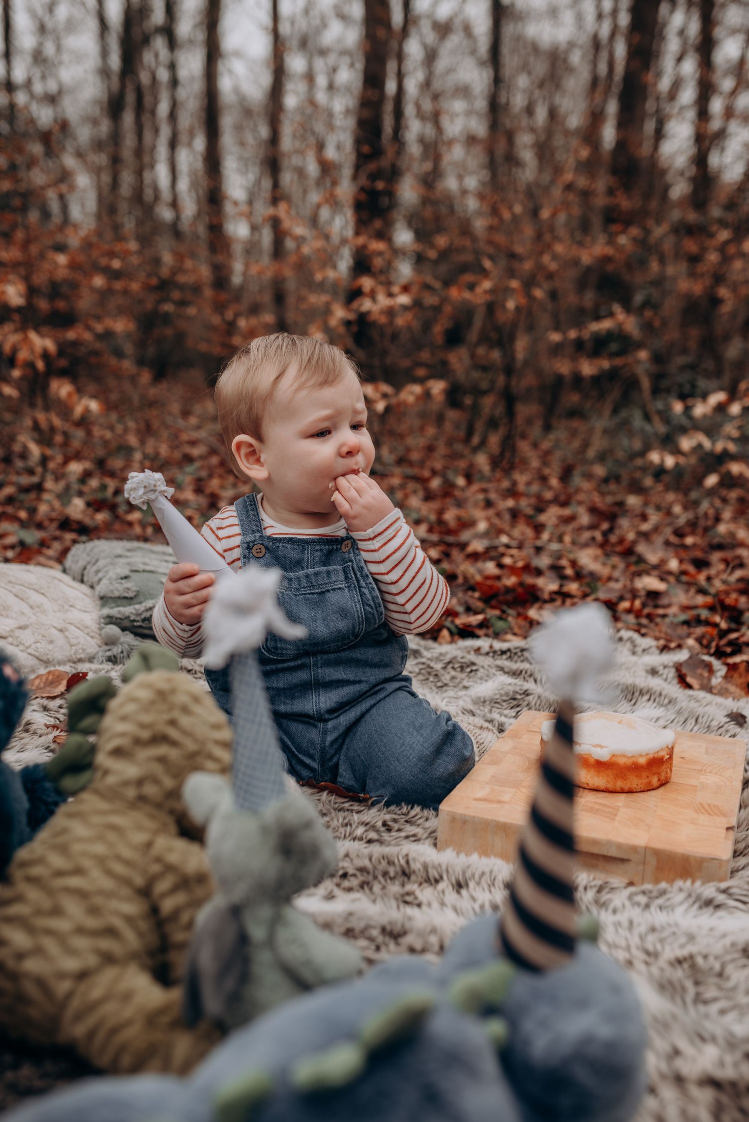 Child having a picnic with stuffed animals on autumn leaves.
