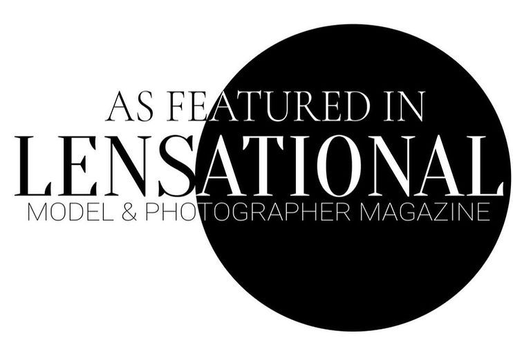 Black circular logo for Lensational Magazine with white text.