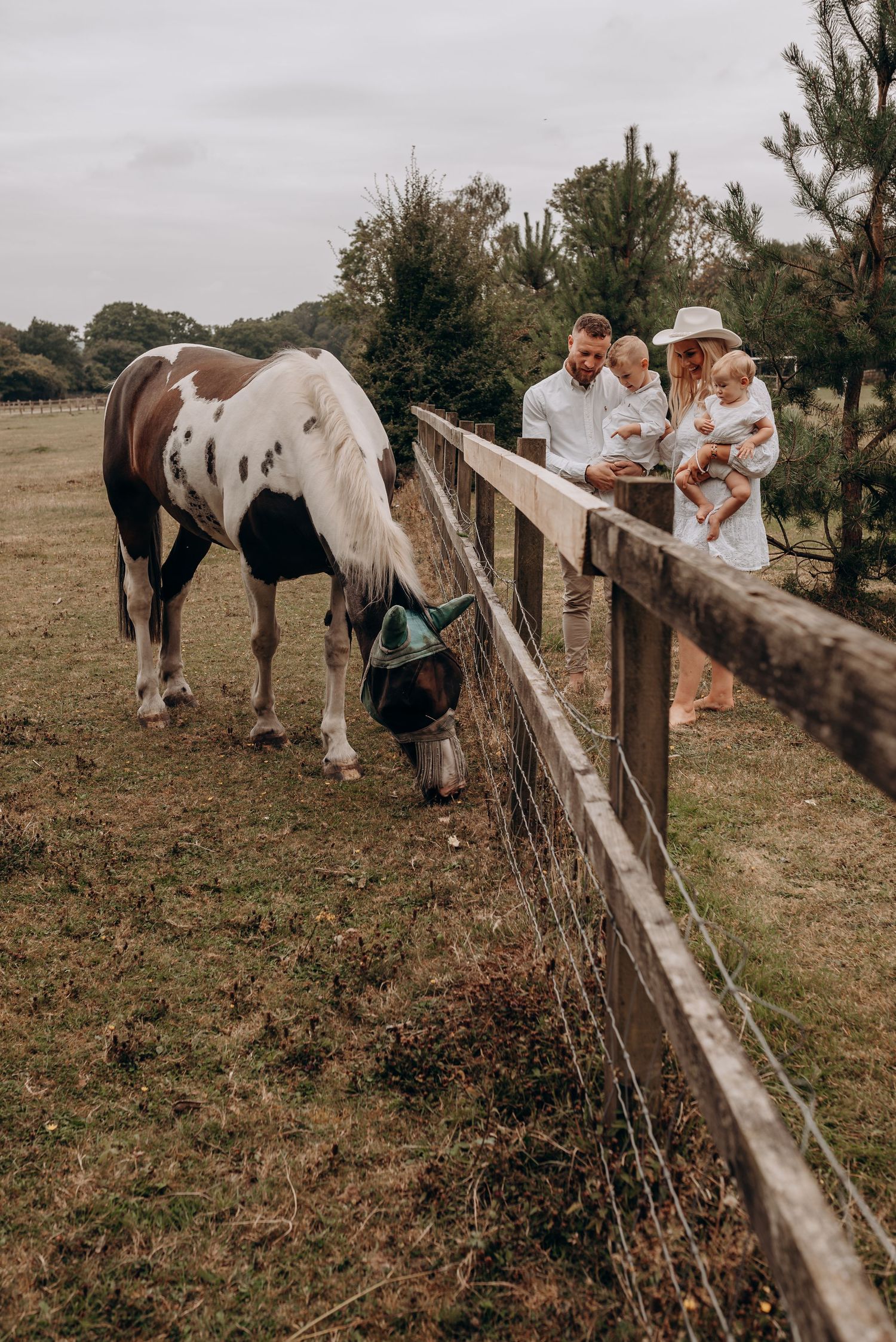 Family interacts with horses over wooden fence in rustic countryside setting.