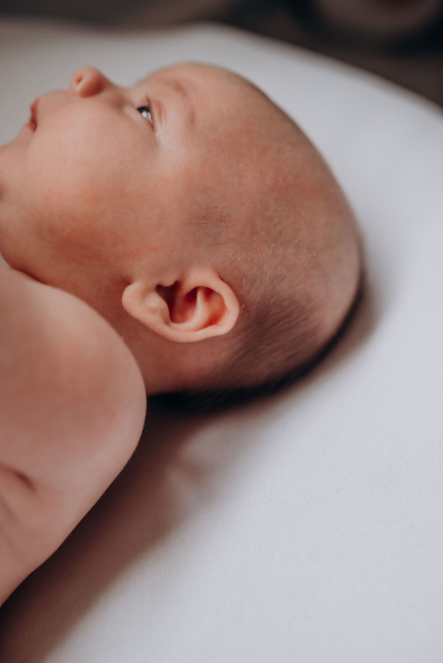 Profile view of a sleeping newborn baby's face and head against white bedding.