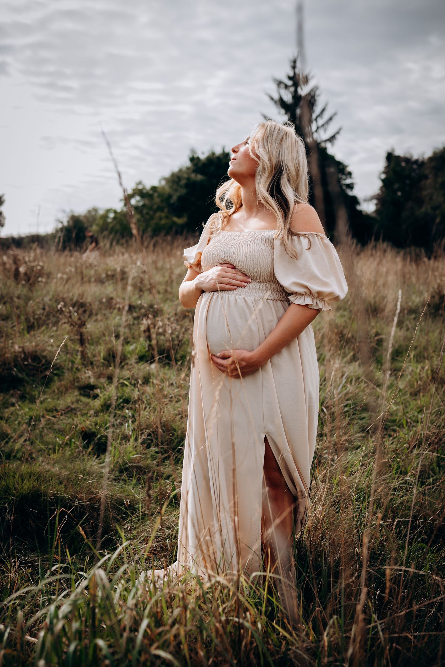 Ethereal maternity portrait in cream dress standing among tall grasses under cloudy sky.