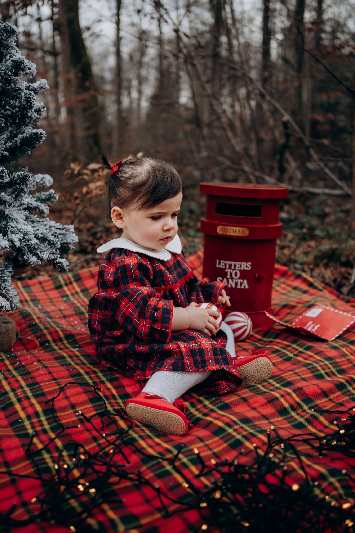 A cozy holiday scene with plaid blanket, red mailbox, and string lights in a winter forest setting.