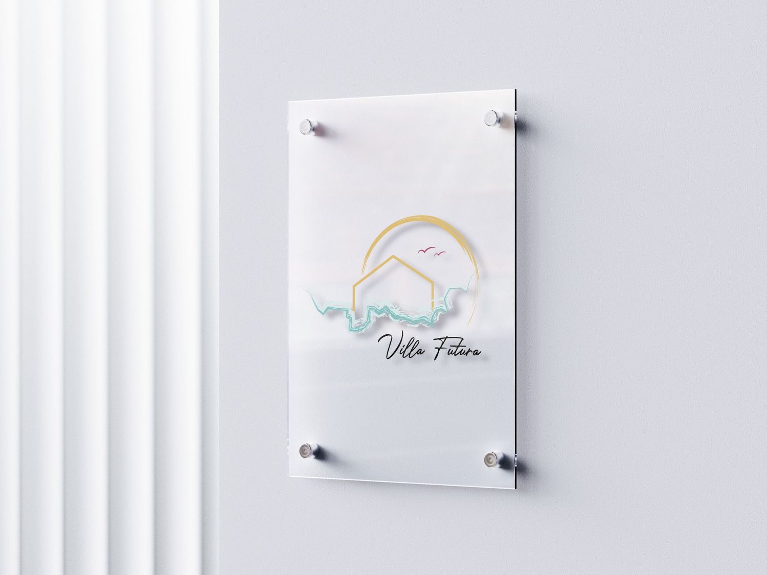 Fotografija logotipa Villa Futura Apartments v barvah rumene, modre in vijolične - ciklama na stekleni površini
