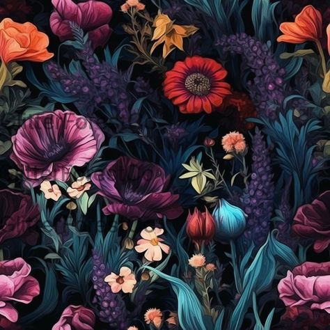 Dark floral pattern with vibrant poppies, daffodils and blooms in rich purple, orange and blue tones.